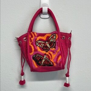 American & Beyond | Pink Butterfly Beaded Tote/Bucket Bag w/Crossbody Strap